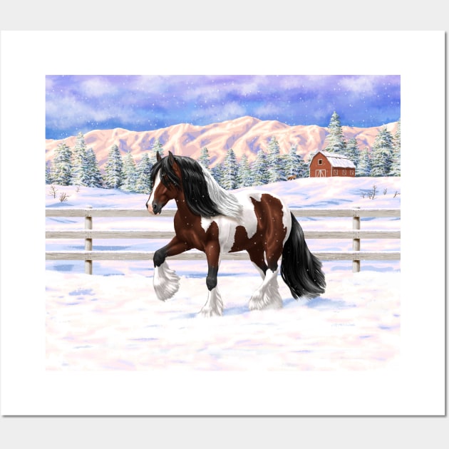 Bay Brown Pinto Skewbald Gypsy Vanner Draft Horse Trotting in Snow Wall Art by csforest